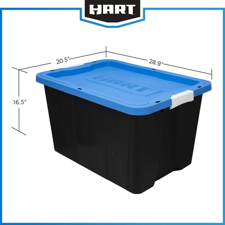 Hart - 27 Gallon Heavy Duty Latching Plastic Storage Bin, Black Base/Blue Lid, Set of 4