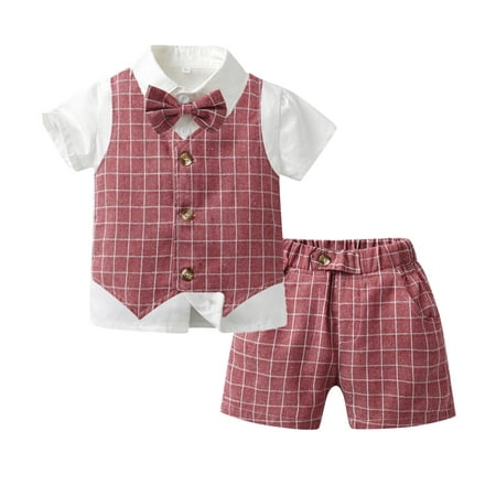

ZIZOCWA Toddler Baby Boy Summer Beach Short Sets Toddler Boys Short Sleeve T Shirt Tops Plaid Prints Vest Coat Shorts Child Kids Gentleman Outfits Baby Going Home Outfit Boy Baby Boy Bundles Set Clo