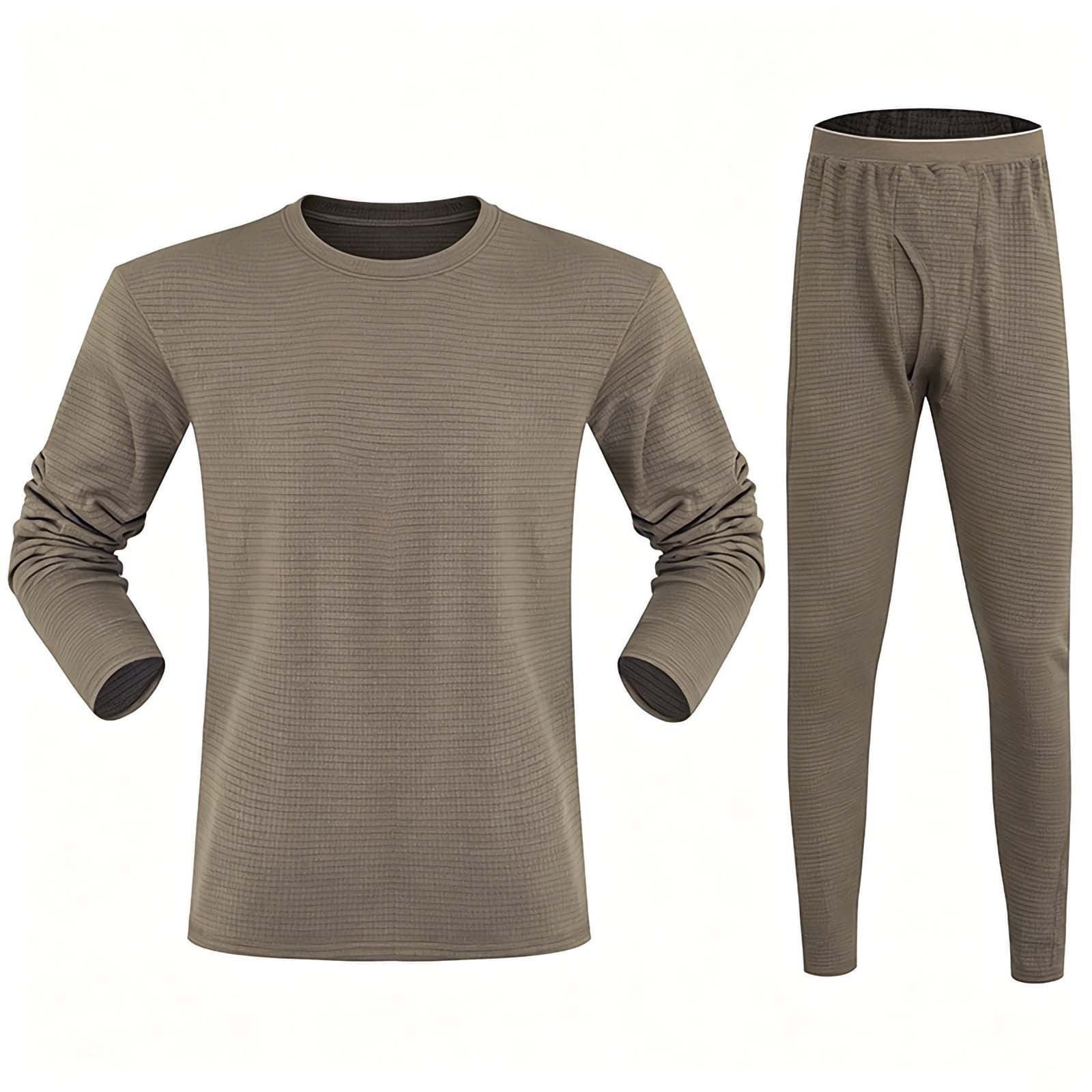 Ceisia Mens Thermal Underwear Set Grid Polar Fleece Long Sleeve Top And Long Pants Warm Base Layer Suit For Cycling Outdoor Winter Khaki M Gift