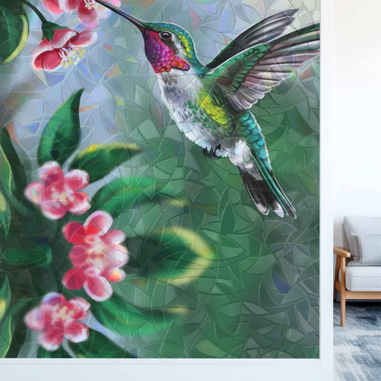 Rainbow Window Privacy Film, Green Hummingbird Static Cling Decorative Window Film PVC, Spring Summer Pink Flower Leaf No Glue UV Blocking Glass Covering, Removable Stained Glass Sticker 23.6''x59''