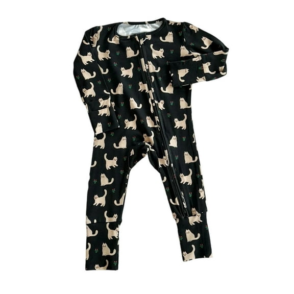 Baby Rompers Boy Baby Fall Winter Full Zip Footless Pajamas Cartoon Cat Bear Print Long Sleeve Zipper One Piece Jumpsuits Bodysuit Baby Bubble Romper Black 0 Months-3 Months