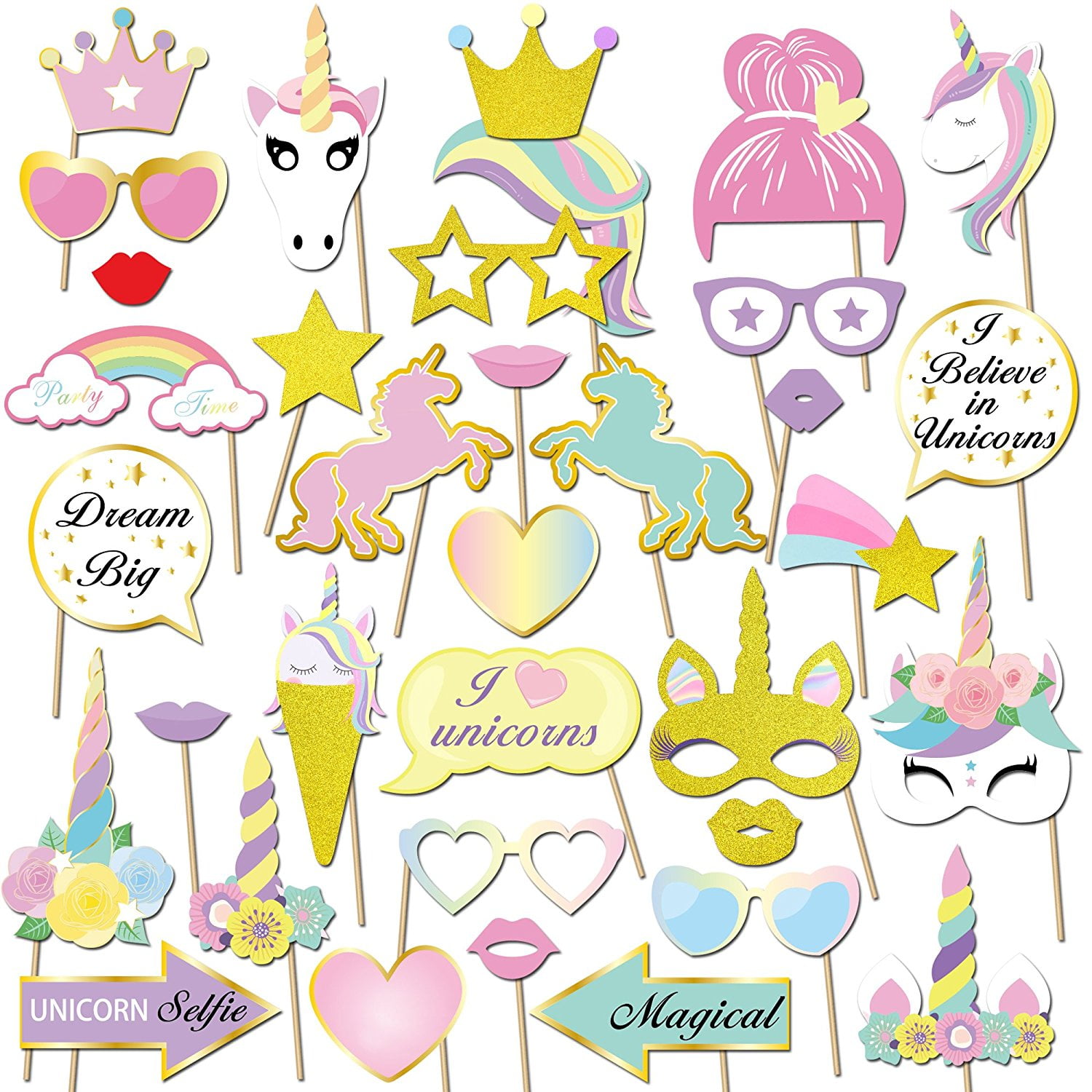 Unicorn Party Supplies, Glitter Unicorn Photo Booth Props Funny Rainbow