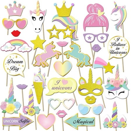Unicorn Party Supplies, Glitter Unicorn Photo Booth Props Funny Rainbow Unicorn Pegasus Photo Props for Unicorn Baby Shower Birthday Party Decoration Favors Supplies for Girl Kids