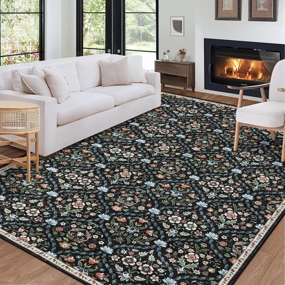 Floral Trellis 8x10 Rug Machine Washable Rugs Non Slip Non Shedding Vintage Rug Indoor Floor Carpet Low Pile Distressed Rugs for Living Room Bedroom Home Decor, Black