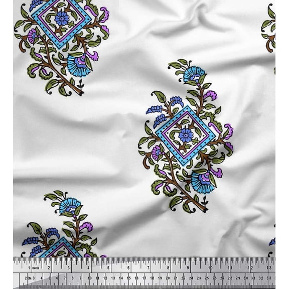 Soimoi Silk Fabric Leaves & Floral Block Print Fabric by The Yard 42 Inch Wide