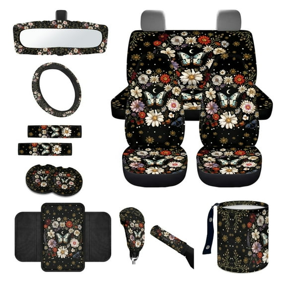 Yuyamidu Butterfly Car Seat Covers Full Set of 14 Floral Steering Wheel Cover Seat Belt Pads Coasters Waste Bin Armrest Cover Cup Holders Rearview Mirror Cover Flowers Handbrake Cover Set