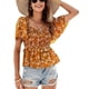 thumbnail image 1 of Bienvenido Camiseta de manga corta con estampado floral y dobladillo con volantes y cintura elástica sin espalda para mujer, color naranja M, 1 of 7