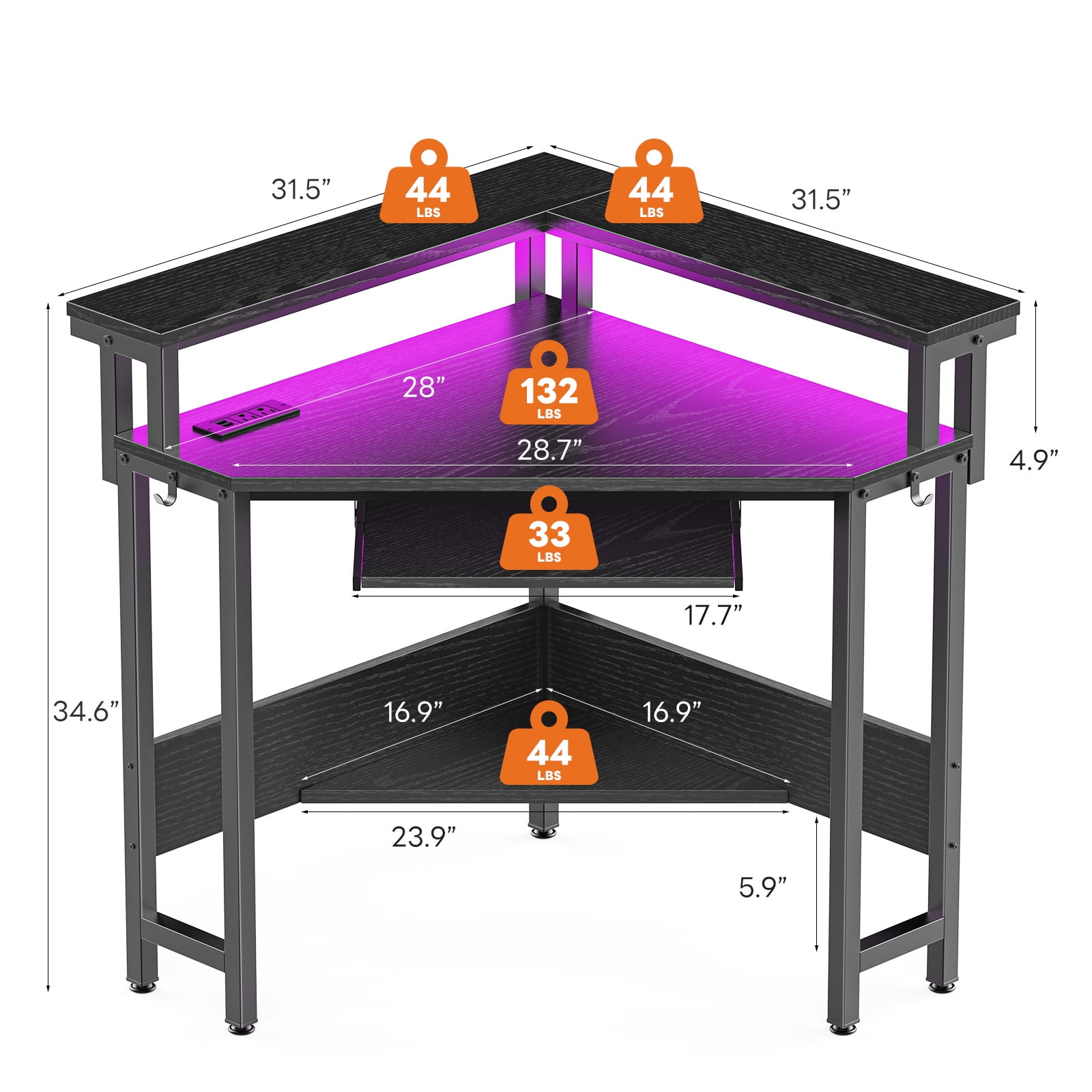 CONCETTA Coner Desk, L-Shaped Computer Desk with Power Outlets, LED Lights, Monitor Stand & Keyboard Tray, Black
