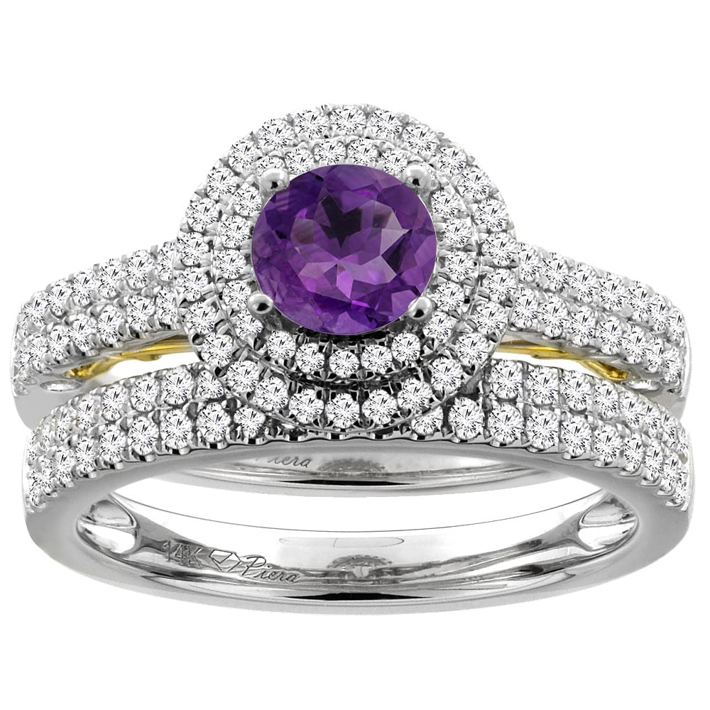 14K White Gold Diamond Natural Amethyst Halo Engagement Bridal Ring Set Round 6 mm, size 5 by Gabriella Gold
