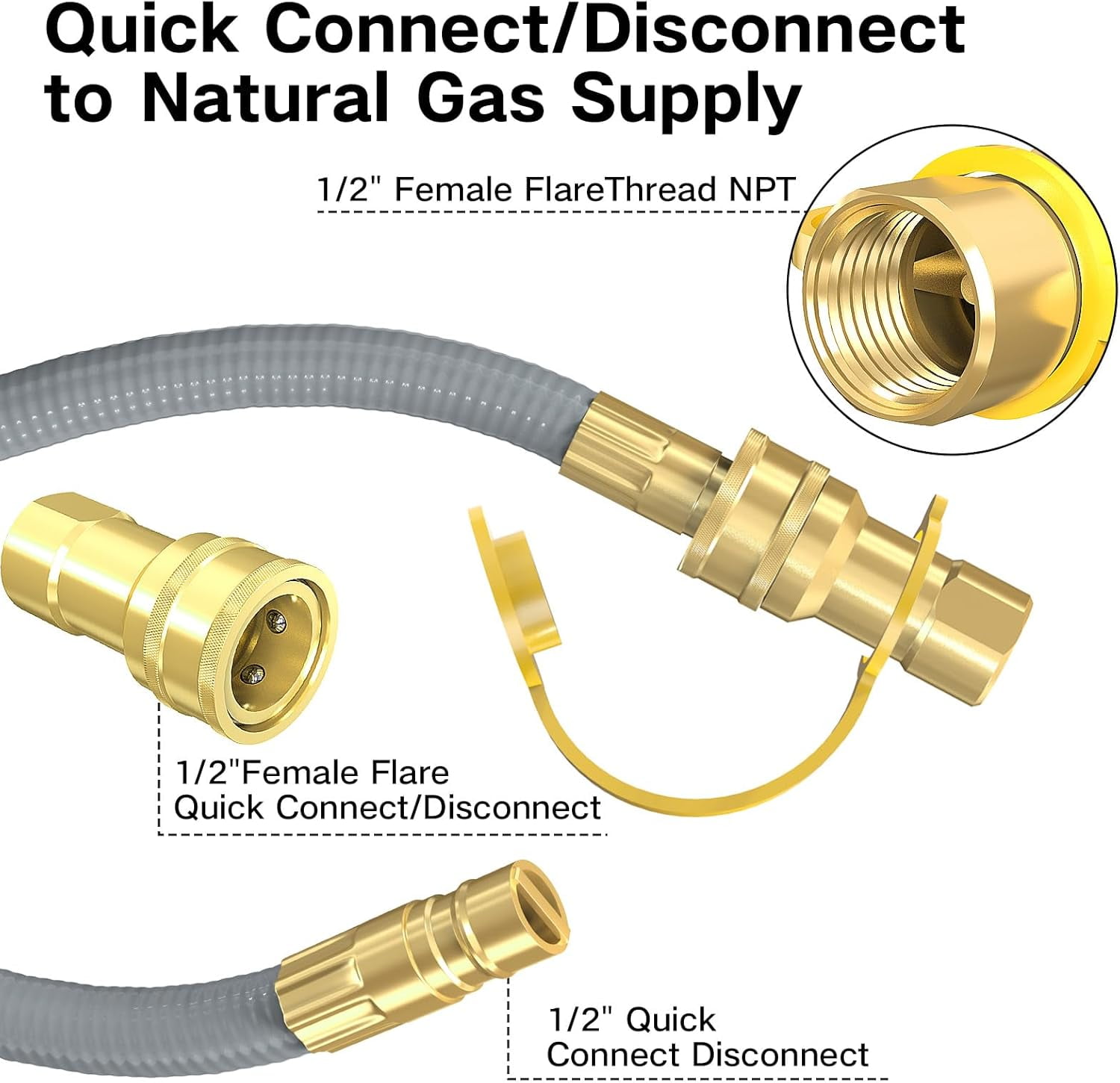 12FT 1/2" ID Natural Gas Hose with Quick Connect Fitting for BBQ, Grill, Pizza Oven, Patio Heater. for Weber, Char-Broil, Pizza Oven, Patio Heater,NG Grill and Natural Gas Conversion Kit