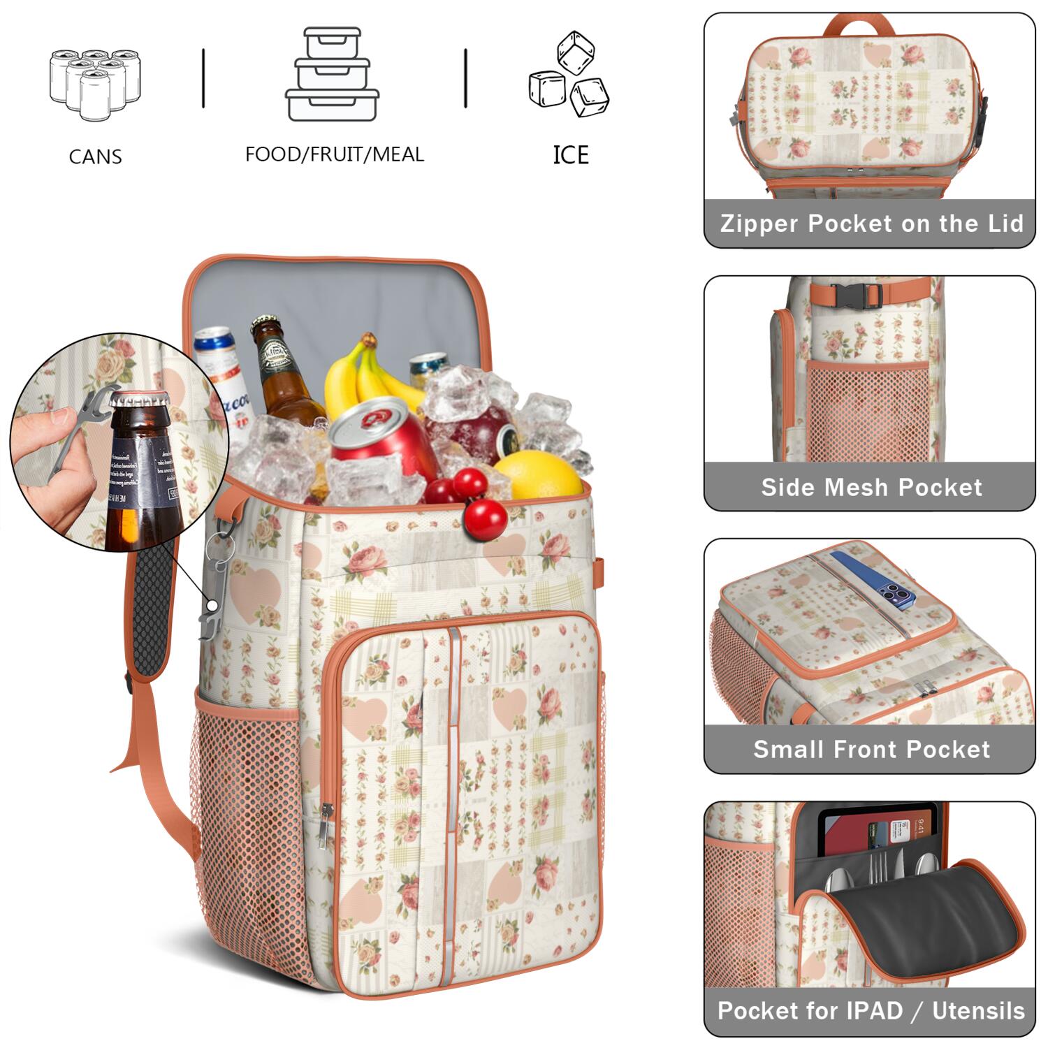 Travel Cooler Bag - Pioneer Flower Floral Print Pattern Camping Beer Cooler Backpack with Bottle Opener- Waterproof Insulated Picnic Backpacks - Cooler Bag for Beach