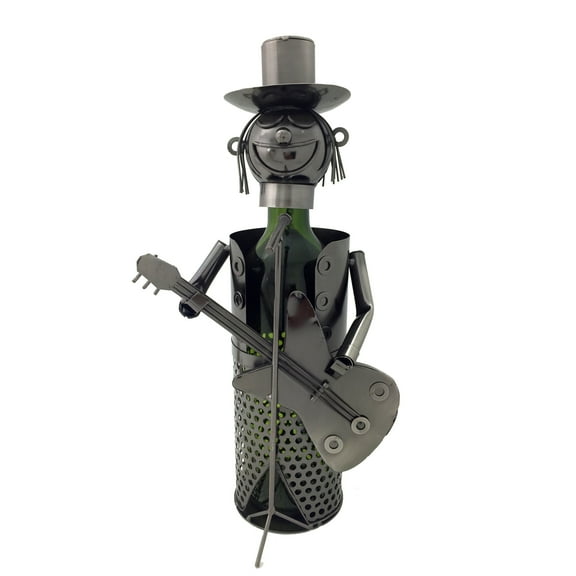 Wine Bottle Holder Wine Rack in Metal Featuring a Guitar Player Singing Musician Themed in Silver