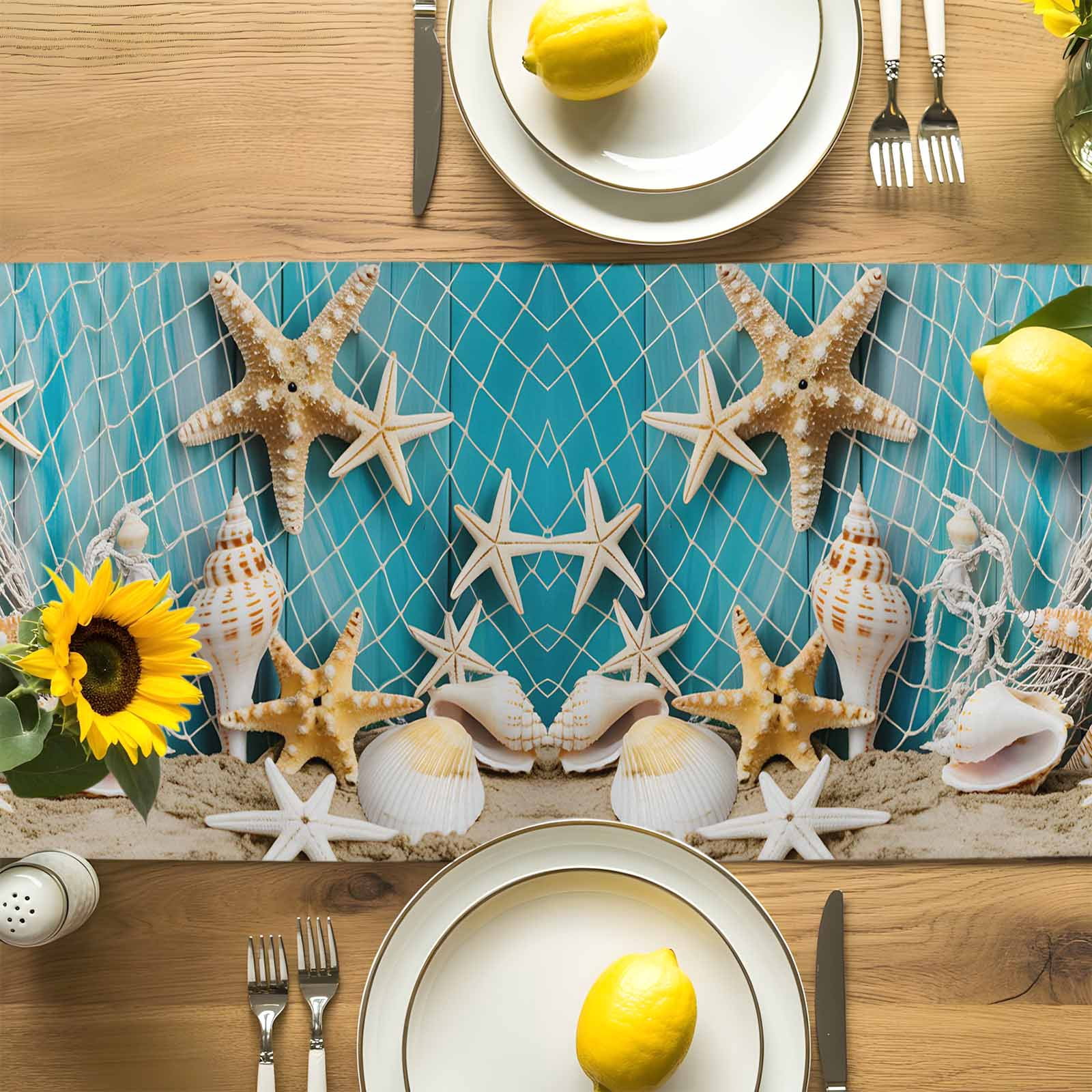 Table Runner Beach SeaTheme Table Decoration for Kitchen Dinning Starfish Seashell Nautical Table Decoration for Indoor Outdoor Party Wedding Decor 13x90inch