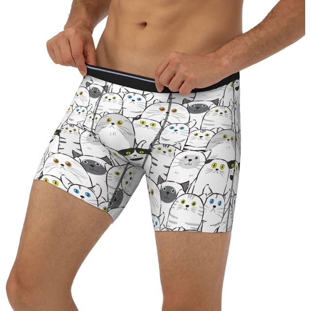 Mens Extended Length Boxer Briefs - Classic Cute Cartoon Cat Men Underwear Boxer Briefs With Elastic Band