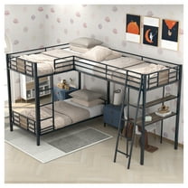L-Shaped Twin Bunk Bed w/Twin Loft Bed, Desk & Shelf, Brown