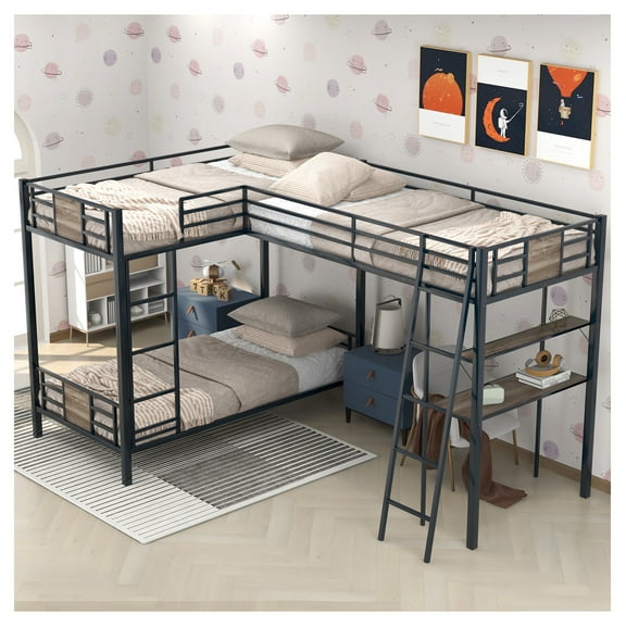 L-Shaped Twin Bunk Bed w/Twin Loft Bed, Desk & Shelf, Brown