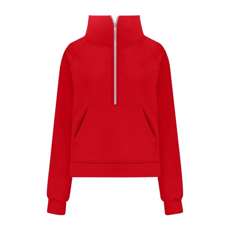 Women's Half Zip Crop Sweatshirt - Fleece Lined, Funnel Neck, Thumb Holes & Kangaroo Pocket (Red)