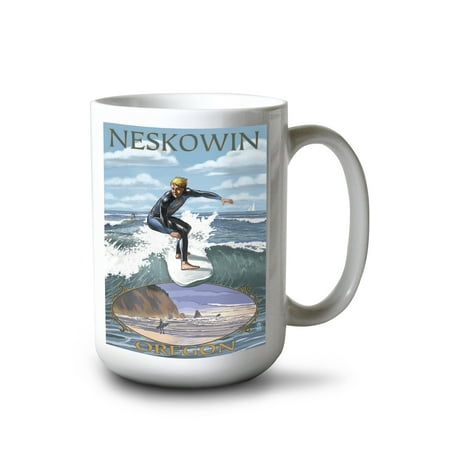 

15 fl oz Ceramic Mug Neskowin Oregon Surfer Scene Dishwasher & Microwave Safe