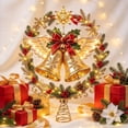 thumbnail image 4 of TTJ Lighted Christmas Tree Topper, 7.87 Inch Gold Double Bells with Angel Wings, Red Bow and Star, Warm LED Illuminated Wreath Design, Spring Base Holiday Tree Decoration(F), 4 of 6