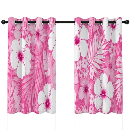 Summer Pink Flowers Blackout Curtains 45 Inches Long Country Tropical Botanical Palm Leaf Floral Thermal Insulated Room Darkening Drapes with Grommets for Living Room 52 W x 45 L 2 Panels