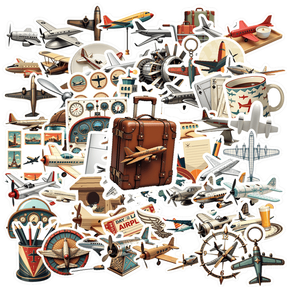 Retro Airplane Theme Stickers, Waterproof Airplane Theme Sticker for Water Bottle Laptop Phone Cases Planner Skateboard Luggage Helmet Party Favor Decor, Ideal for Adults Teens Teacher Rewards