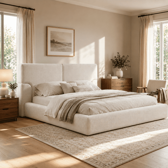Miniyam Queen Upholstered Platform Bed Frame with 4.92" Padded Headboard, Jacquard Fabric Low Profile Bed, Cream White
