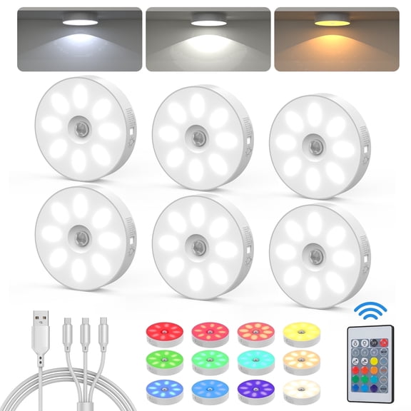 1000mAh Rechargeable Puck Lights with Remote, Motion Sensor Under Cabinet Lighting, 3 Color Temps & 12 RGB Colors, Dimmable Magnetic LED Stick-On Shelf Lights for Kitchen Closet Stairs, 6-Pack