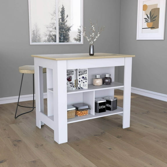 Kitchen Islands Kitchen Island, kitchen table 35" H, Four Legs, Three Open Storage Shelves, White / Light Oak,Kitchen Carts