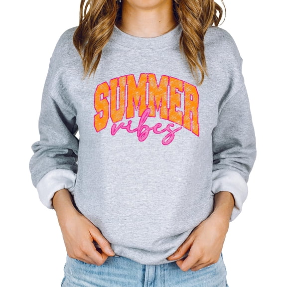 Summer Vibes Sweatshirt for Women, Teens, & Girls Girly Orange and Pink Summer Pullover Gray Sweatshirt Adult Medium