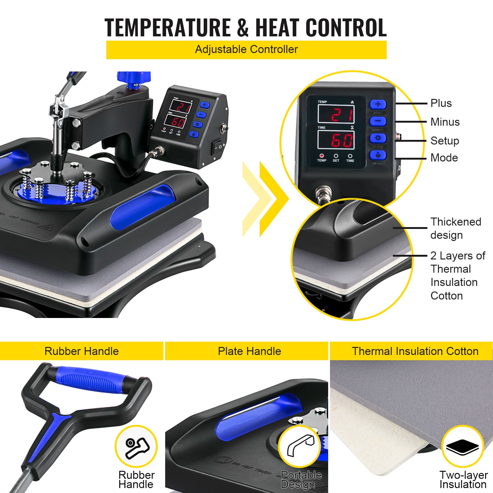 BENTISM Heat Press Machine 8 in 1, 15" x 15" 800W Dual-Tube Heating Press Sublimation Machine 360° Rotation Swing Away T-Shirt Printing Machine for DIY T-Shirts Cap & Mugs Blue