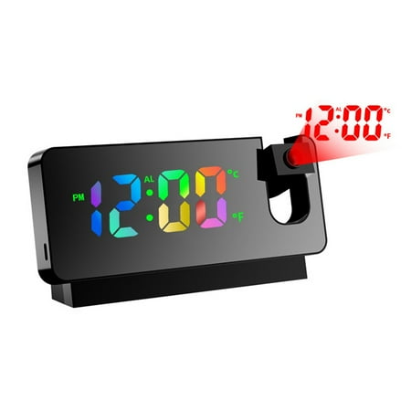 

180° Rotation Projection Alarm Clock for Bedroom LED Colorful Digital Projection on Ceiling USB Charger Time Black A