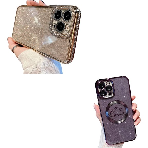 Clear Glitter Case for iPhone 12 Pro Max Case,Luxury Cute Flexible Sparkly Rhinestone Case and Luxury Purple Love Heart Pattern Magnetic Case for Women Girls
