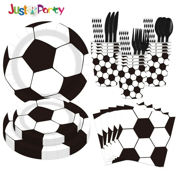 Vajilla para fiesta con temática de fútbol a cuadros blancos y negros, platos de papel desechables, vasos de papel, servilletas de papel, cuchillos, tenedores, cucharas, pajitas, decoraciones.