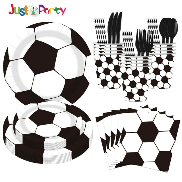 Vajilla para fiesta con temática de fútbol a cuadros blancos y negros, platos de papel desechables, vasos de papel, servilletas de papel, cuchillos, tenedores, cucharas, pajitas, decoraciones.