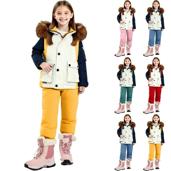 Jinhomg Kids Snow suit Boys Girls Hooded Puffer Winter Jacket and Snowpants Set Overalls Color Block Waterproof Snowboarding Skisuits