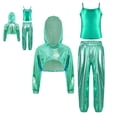 thumbnail image 6 of Sholeno Girls Metallic Hip Hop Jazz Dance Outfit Asymmetrical Hem Cropped Hoodie with Camisole and Pants Set Light Green 8, 6 of 6