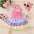 thumbnail image 2 of PEASKJP Toddler Baby Girls Rainbow Dress Cotton Linen Halter Sleeveless Smocked Dress Beach Holiday Dress Pink, Sizes 80, 2 of 4