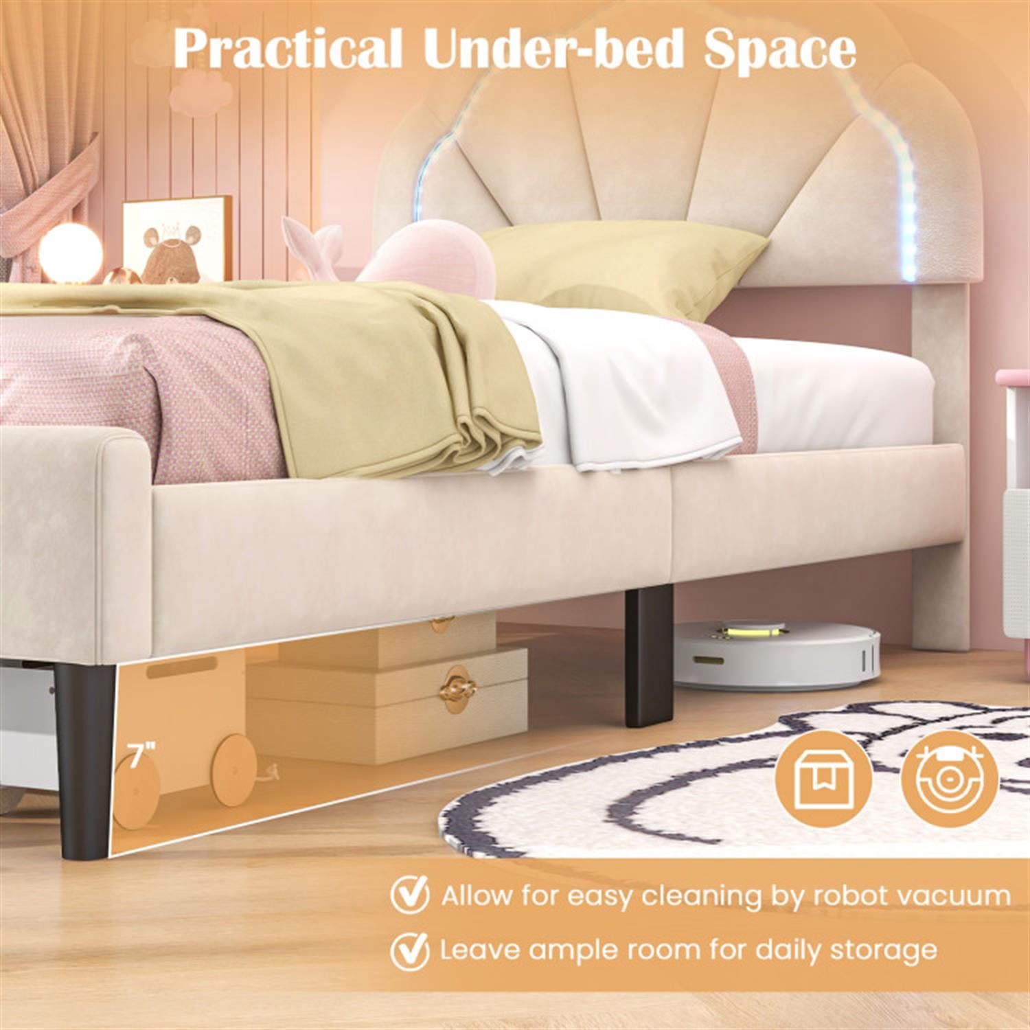 Demi Bonn Twin Size Upholstered LED Bed Frame with Adjustable Flower Headboard and Metal Support Feet, Platform Bed Frame with Wood Slats Support, No Box Spring Needed, Beige