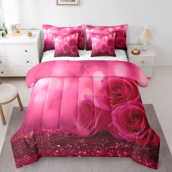 Homewish Teens Pink Floral Rose 7-Piece Twin Bedding Set - Bling Valentine