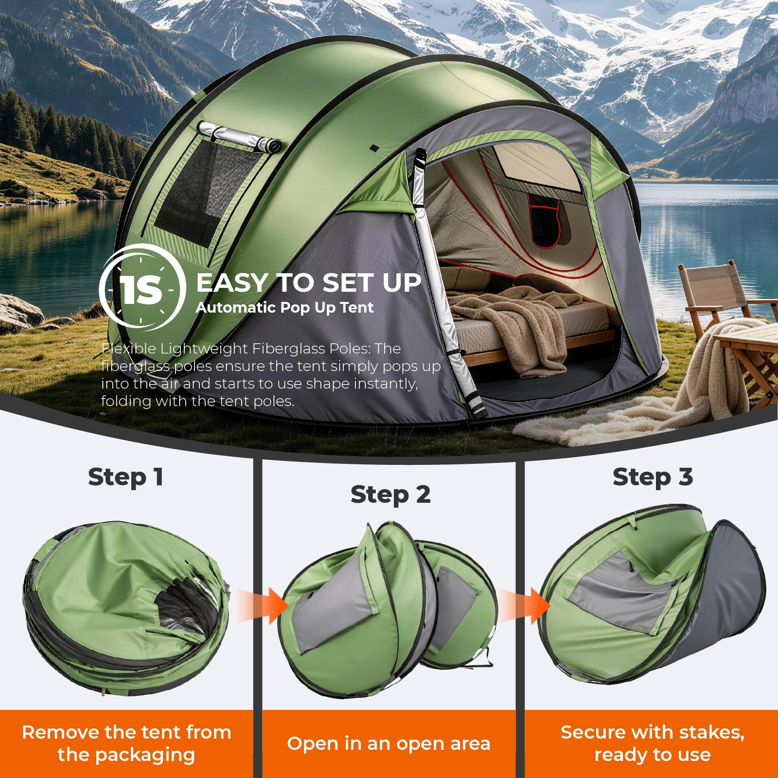 3-4 Person Instant Pop-Up Camping Tent, Waterproof Silver-Coated Polyester with Front Awning, Dual Mesh Doors, Portable Outdoor Shelter for Camping, Beach, Festival and Backyard