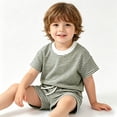 thumbnail image 2 of OSOLU Children Boys Outfits Summer Striped Knit Crew Neck Tee and Shorts 2 Piece Thin Breathable Casual Daily Wear Trendy Vacation Clothing Sets, 2 of 4