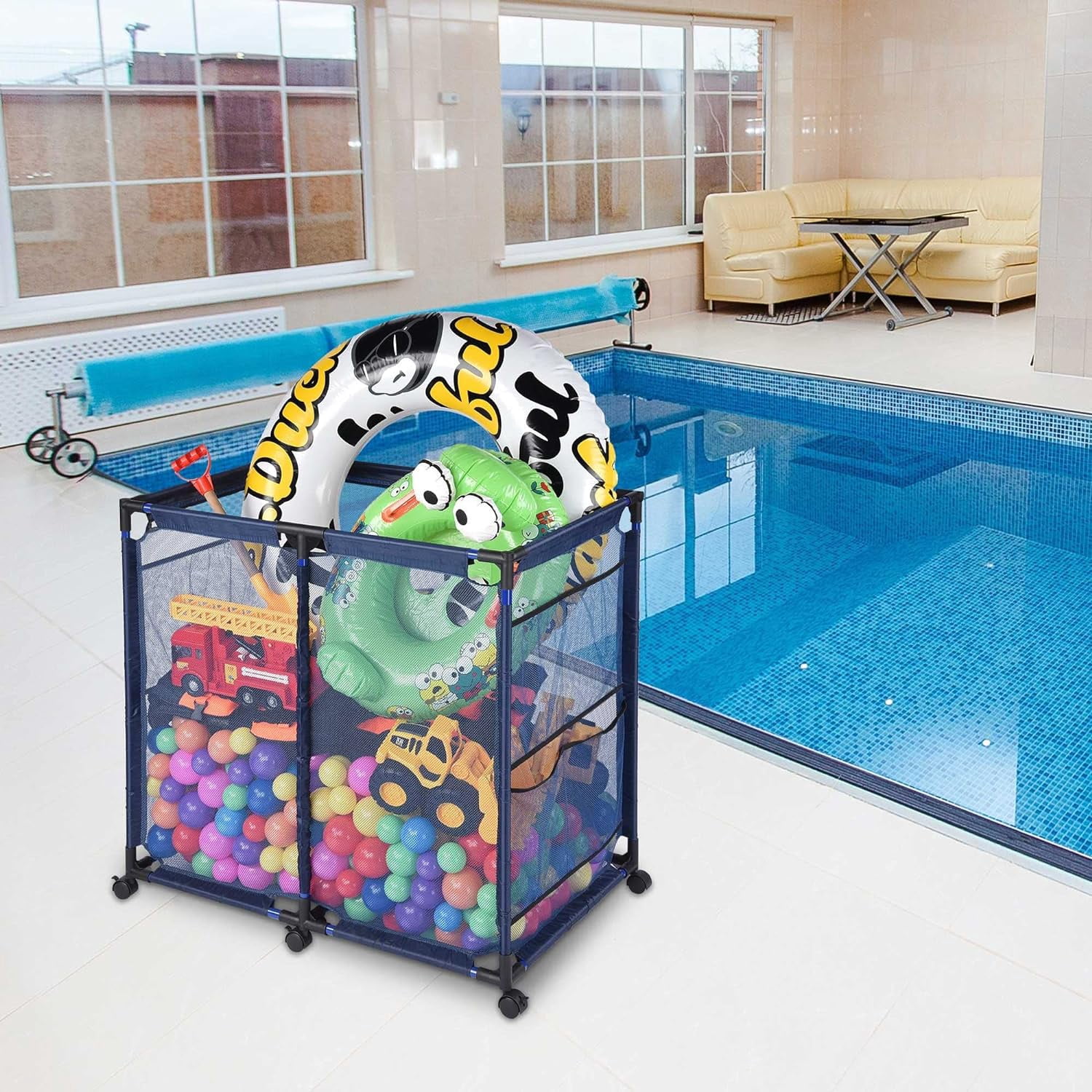 Large Mesh Pool Storage Bin Netting Organizer 36" L x24 W x 35" H Rolling Storage Cart with Extended Sturdy Connector & Metal Frame Organizer for Float Goggles Container, Backyard Garage, Blue