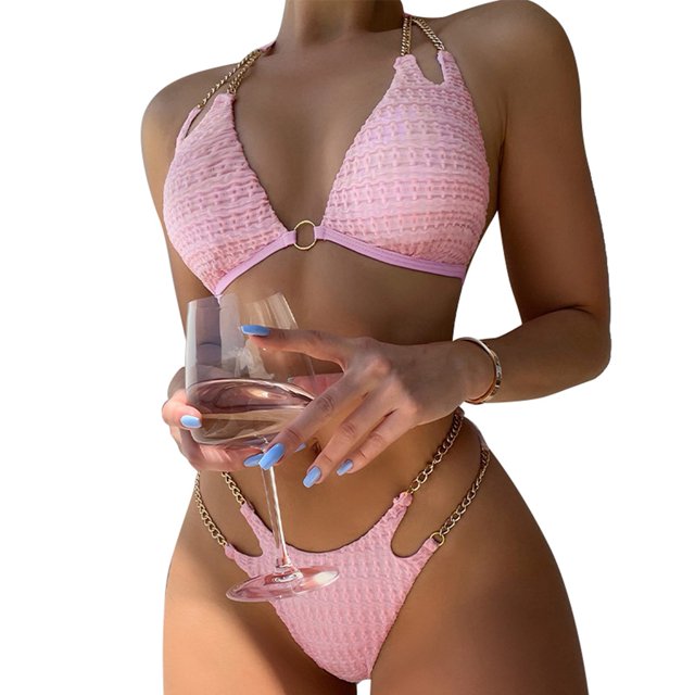 Traje de baño de dos piezas con anillo de bikini de cadena unida con anillo y lazo para mujer, color rosa XL