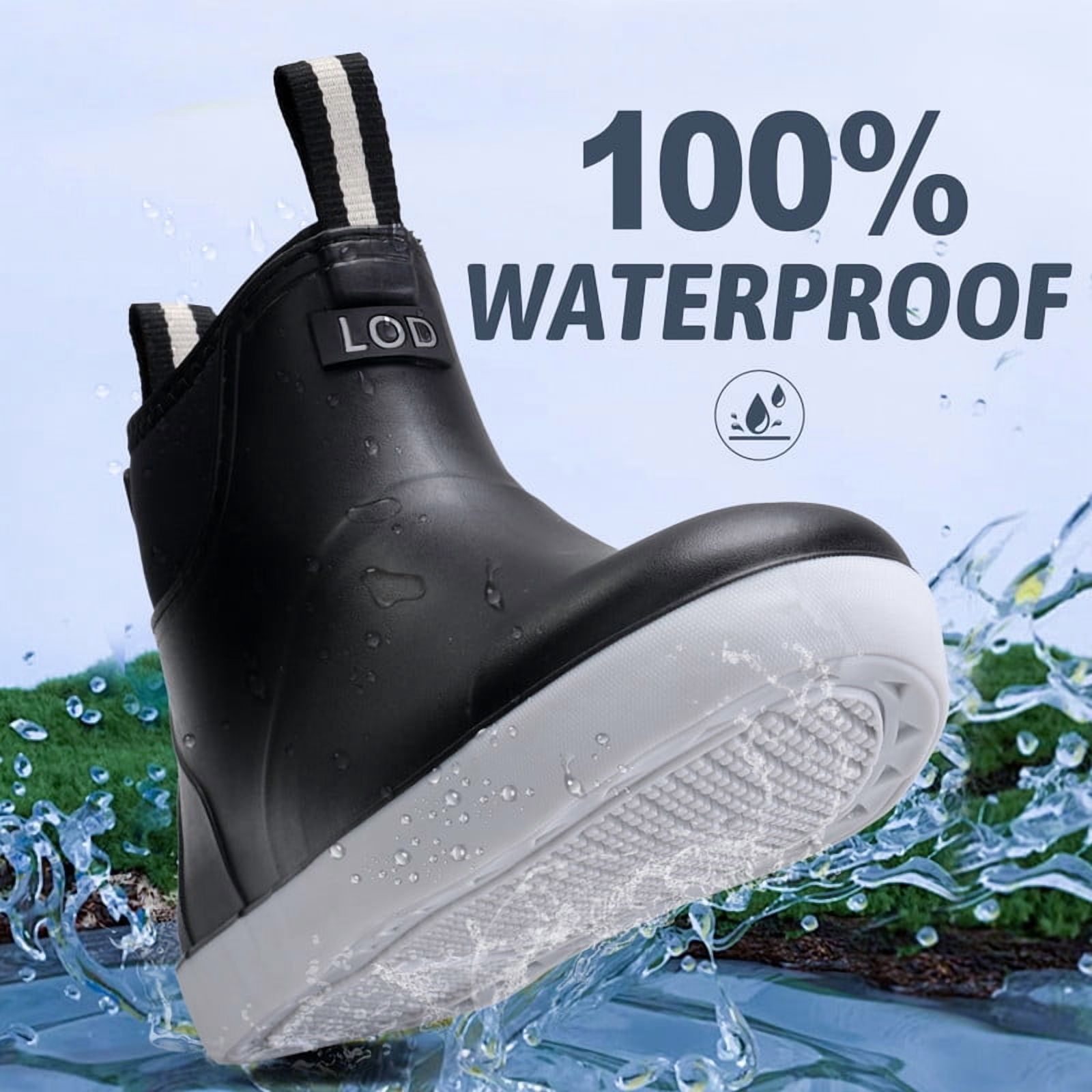 LAoutun Men's Deck Boots Waterproof Rain Boots Slip On Fishing Boots Ankle Fishing boots Black
