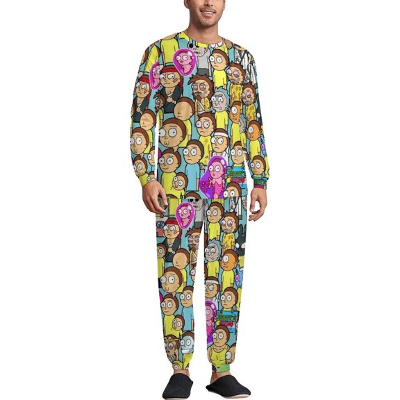 Rick And Morty Men's Lounge Pajamas Set 2-Piece Crew Neck Sleepwear Soft Long Sleeve Top & Pants for Sleep, Home & Vacation S