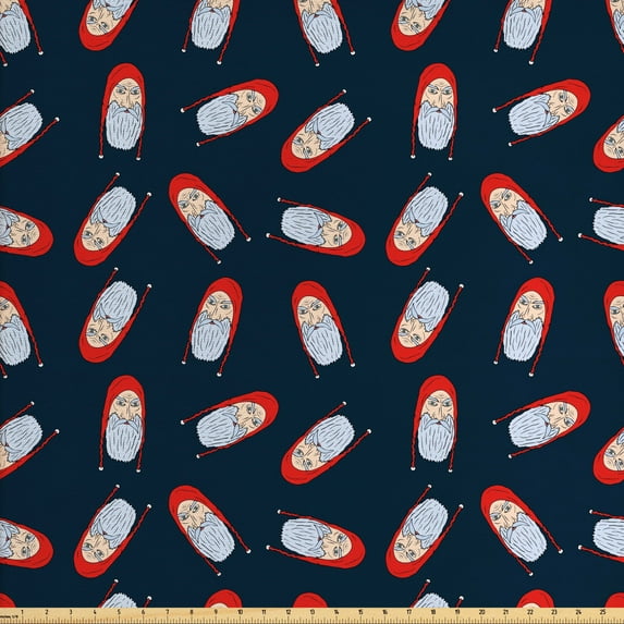 Colorful Fabric by the Yard Upholstery, Repetitive Christmas Santa Claus Heads, Decorative Fabric for DIY and Home Accents, Vermilion Dark Blue by Ambesonne