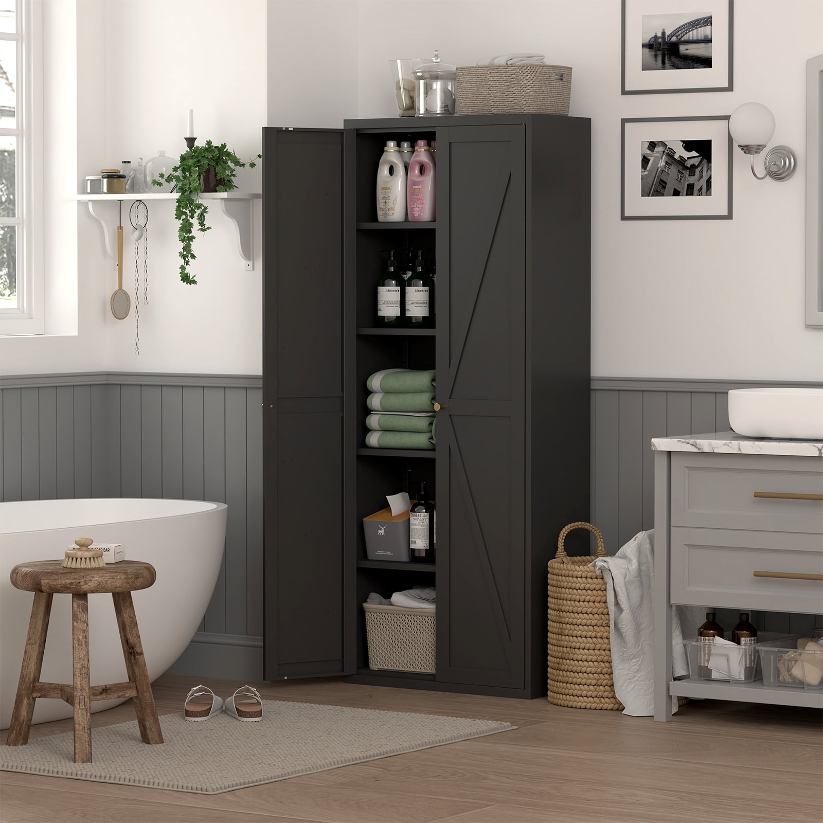 Marcree 71" Metal Storage Cabinet with 2 Doors and 4 Adjustable Shelves, Black Kitchen Pantry Storage Cabinet, 5-Tier Tall Steel Cabinet Locker for Kitchen, Living Room, Dining Room