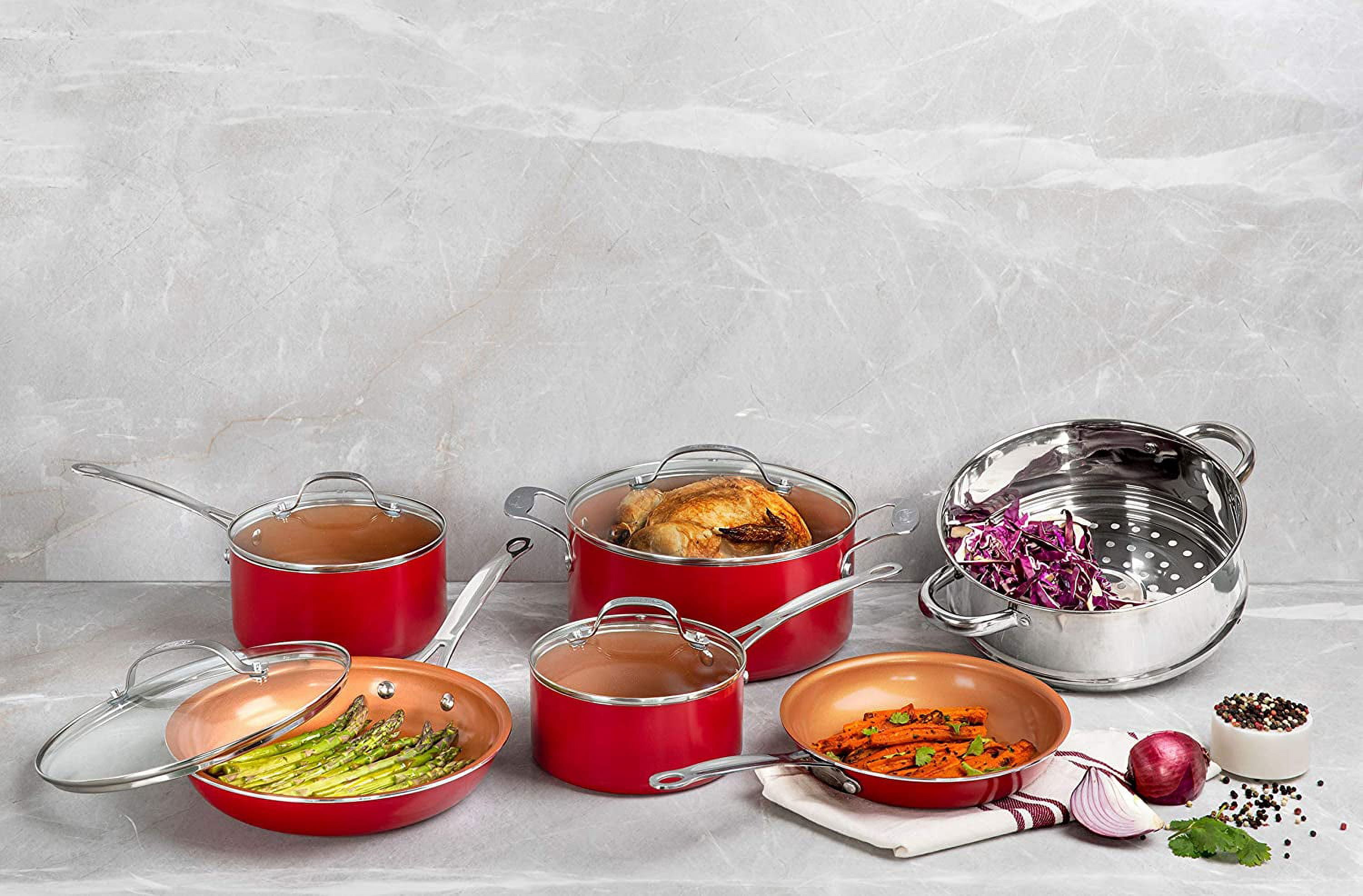 Gotham Steel 15 Pc Pots and Pans Set Non Stick, Cookware Set with Utensils, Nonstick Ceramic Pot and Pan Set, Titanium Infused and Diamond Reinforced, Dishwasher Safe, red