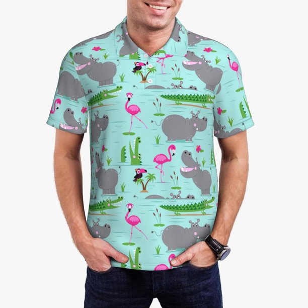 Balery Hippo With Flamingos And Crocodiles Camisa Polo de Hombre con Estampado, de Manga Corta y Tejido Medio, Camisa Tipo Golf Polo-Large