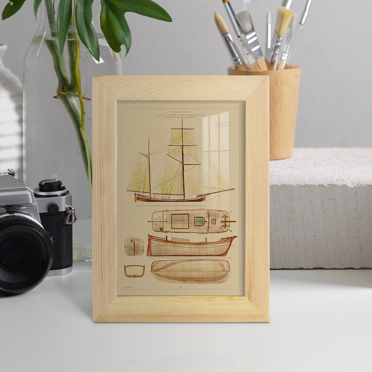 Antique Ship Plan IV -Framed Print w/glass-Natural Wood